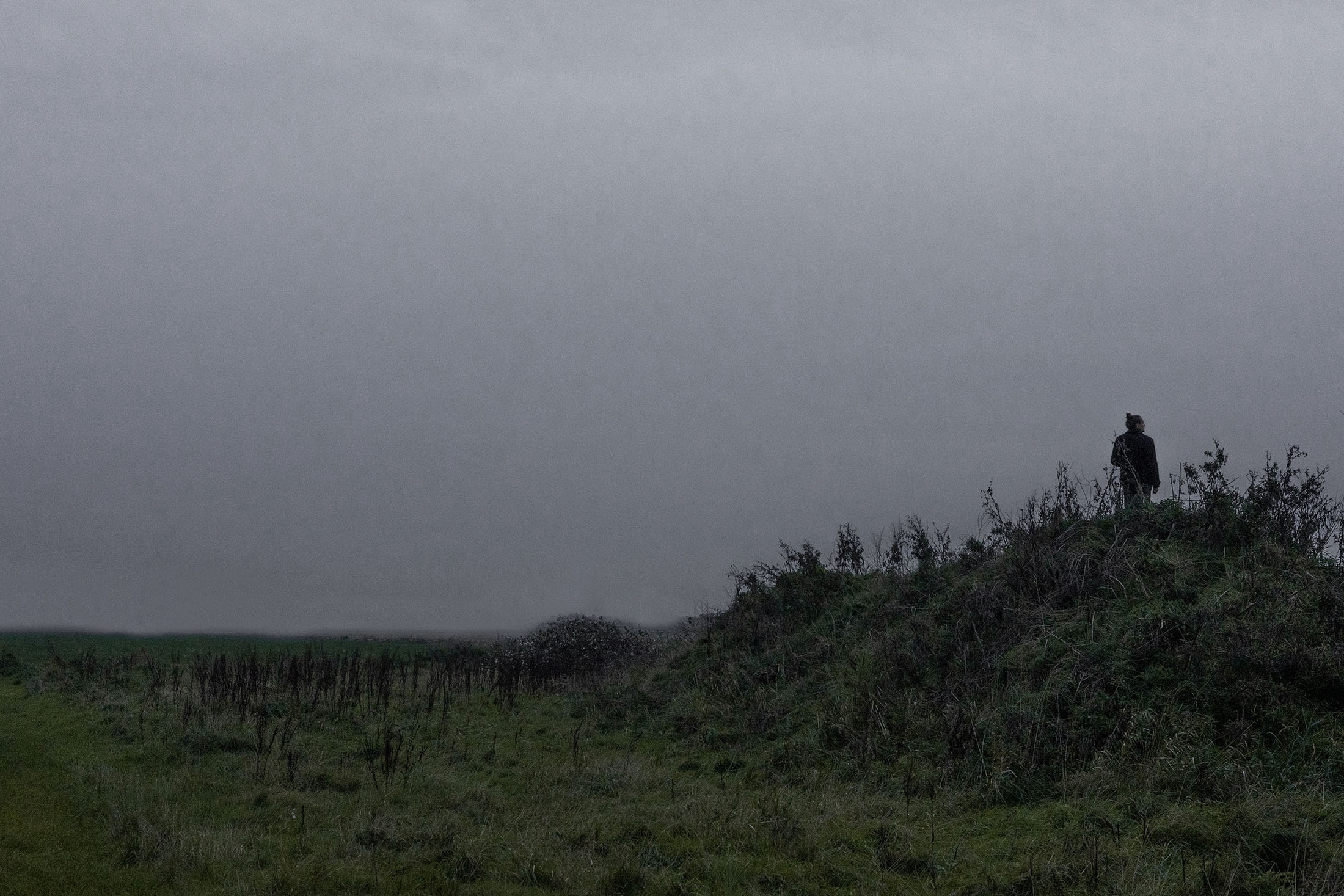 Figure on misty hillside